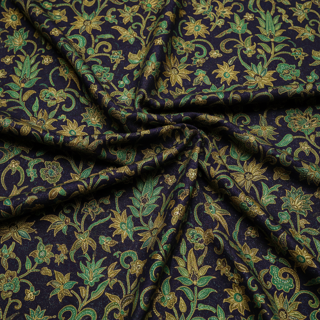 Close-up of traditional Javanese batik pattern with warm earth tones and intricate hand-drawn motifs