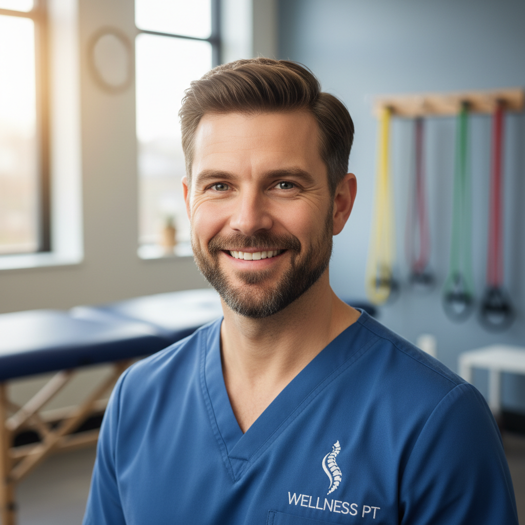 Marcus Webb, wellness specialist, wearing blue scrubs and smiling in a bright clinic setting