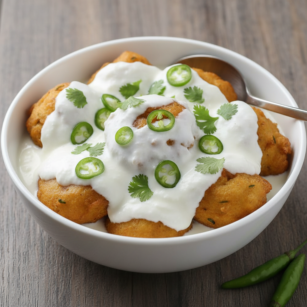 Curd vada in a white bowl with yoghurt, green chilli garnish and coriander on top