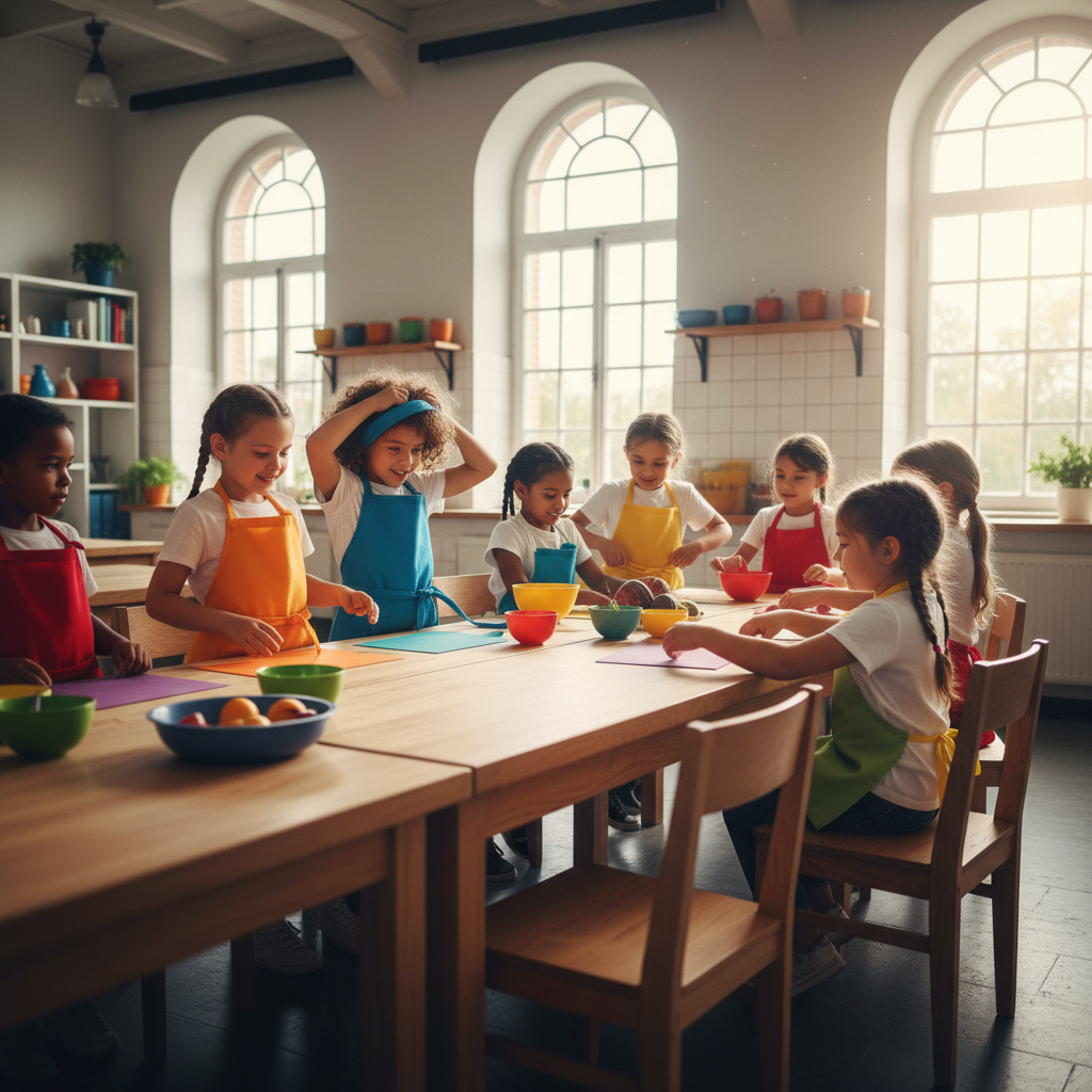 Children putting on colorful aprons in a bright kitchen classroom