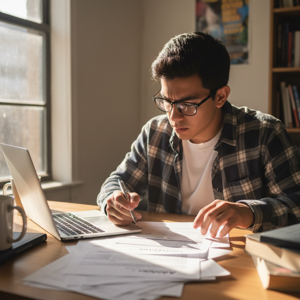Student filling out university application at a desk with documents and a laptop, focused and determined