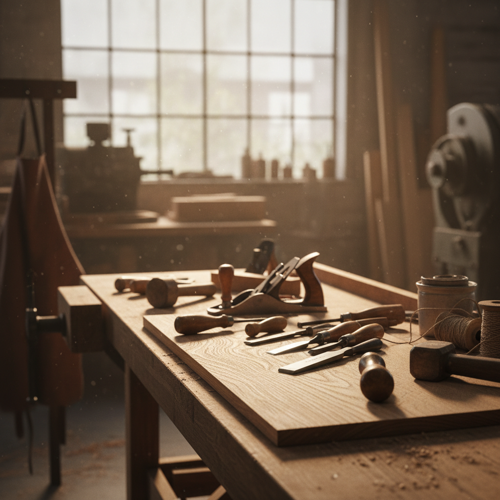 Woodworking workshop with hand tools on a light pine workbench, warm afternoon sunlight streaming through window