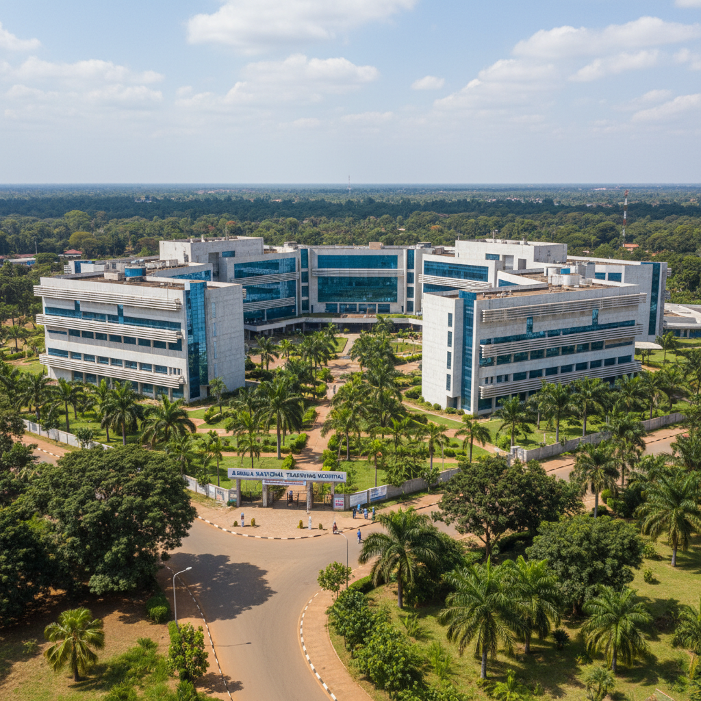 Teaching hospital building in Abuja, government healthcare facility, large campus, trees around building