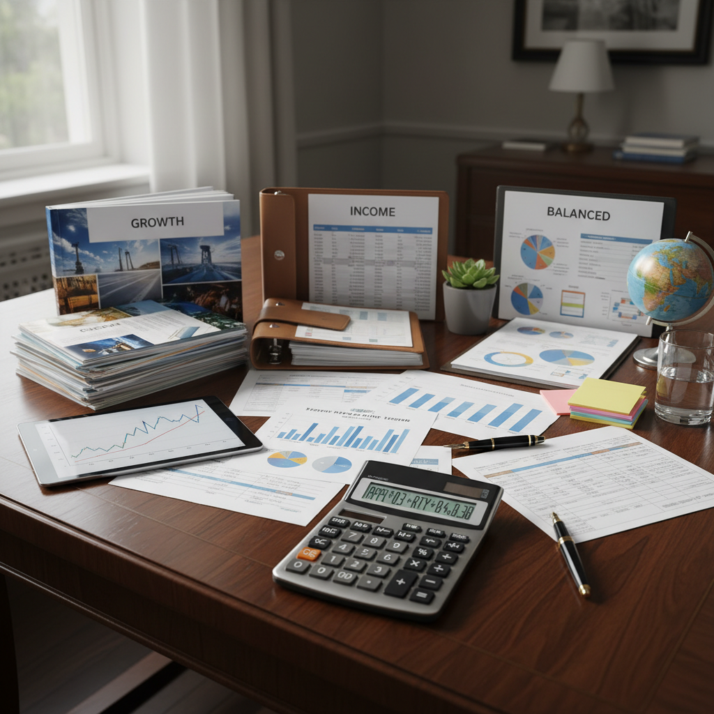 Retirement planning concept with calculator, financial documents, and investment portfolio charts on desk