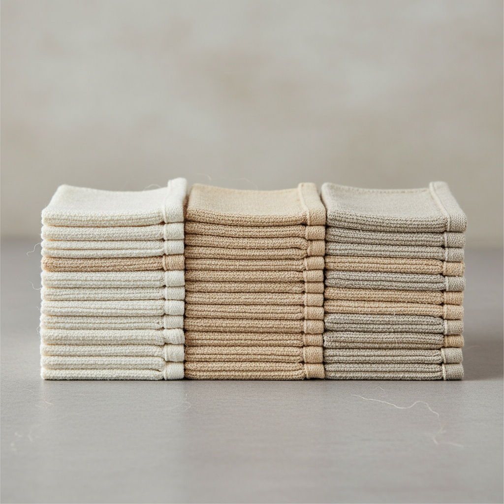 Hand-folded cotton cleaning cloths in natural white and sand tones
