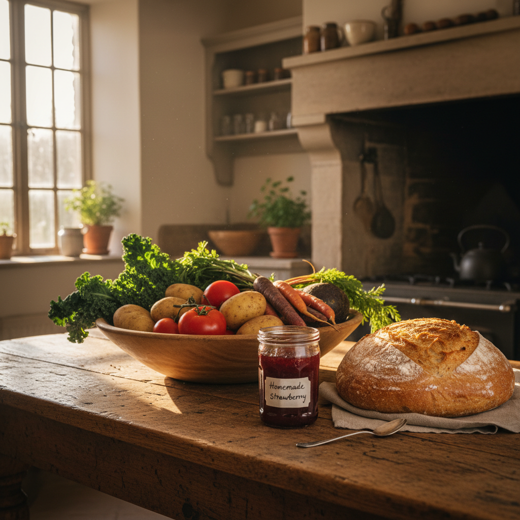 Rustic farmhouse kitchen table with a bowl of freshly harvested vegetables, sourdough bread, and a jar of homemade jam in warm morning light