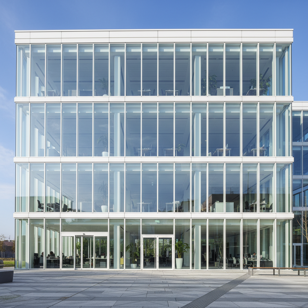 Modern commercial building with white powder coated aluminum window frames and structural steel