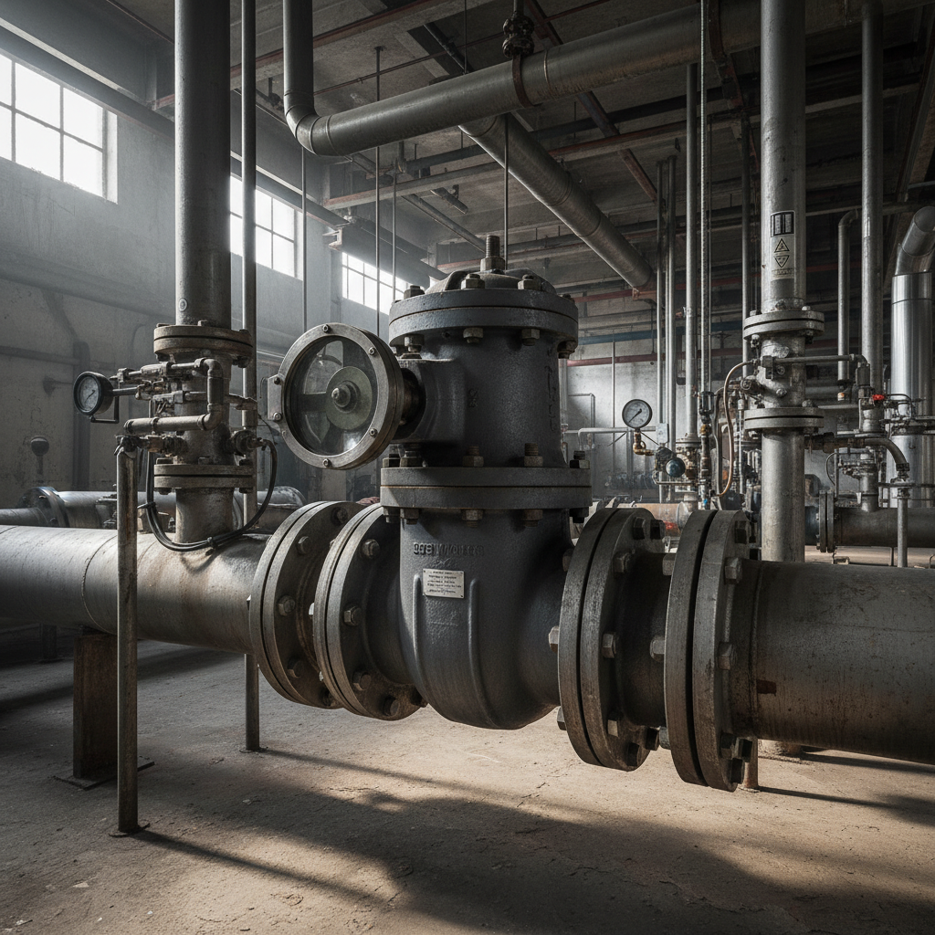 Industrial pipeline with large metal flanged pipes and valves in a water pump station, bright overhead lighting