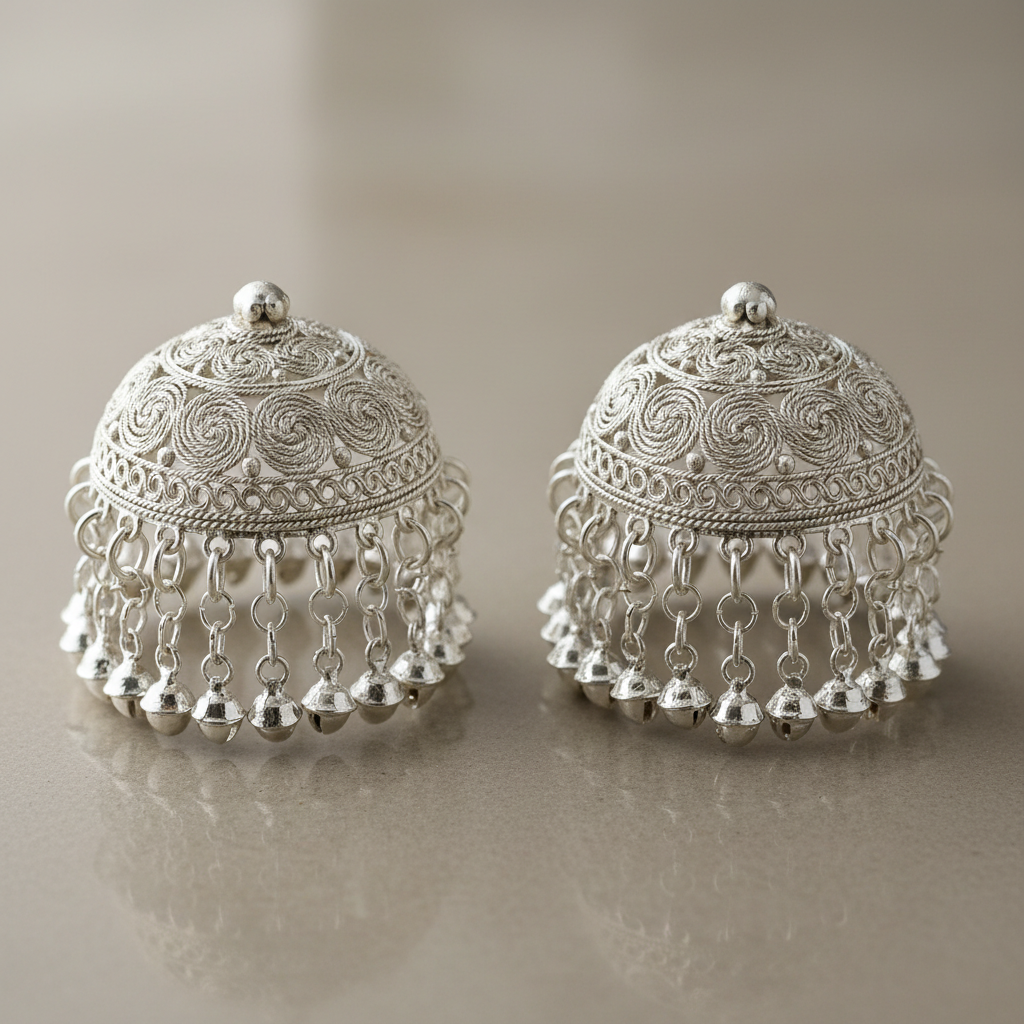 Traditional silver jhumka earring set with bells and intricate filigree work