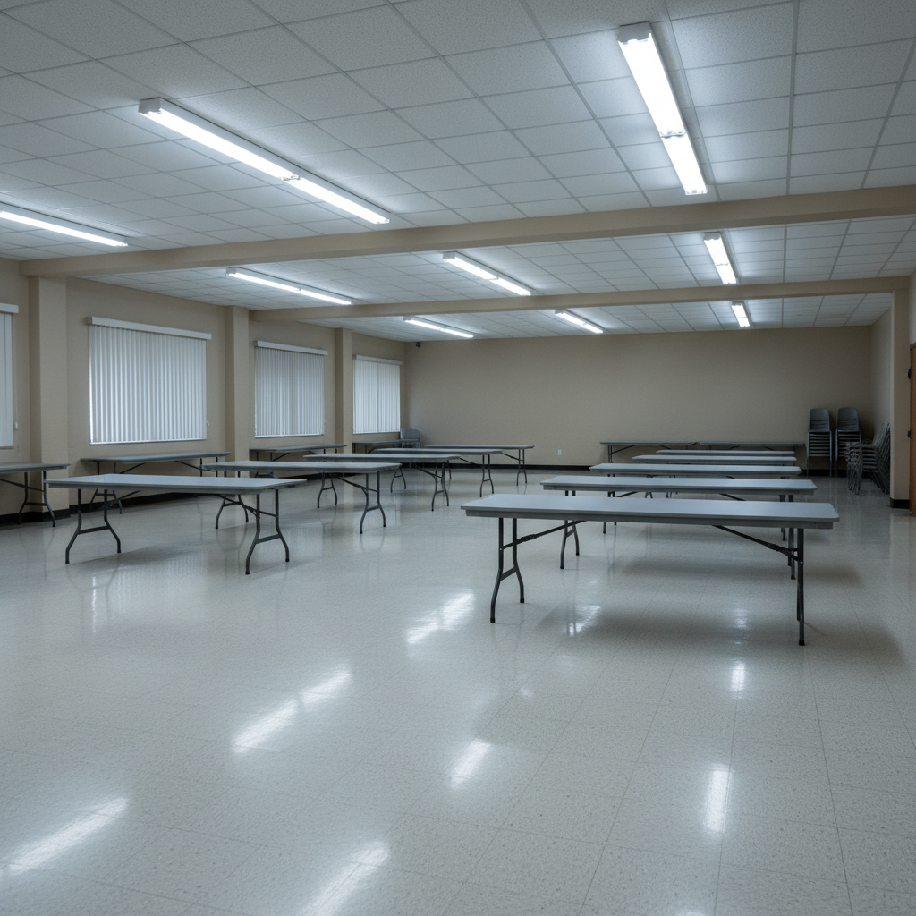 Bare community hall with folding tables under fluorescent lights
