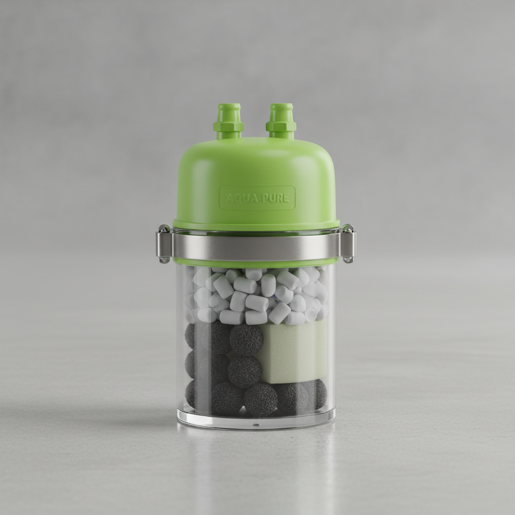 Compact canister filter with clear housing and green lid