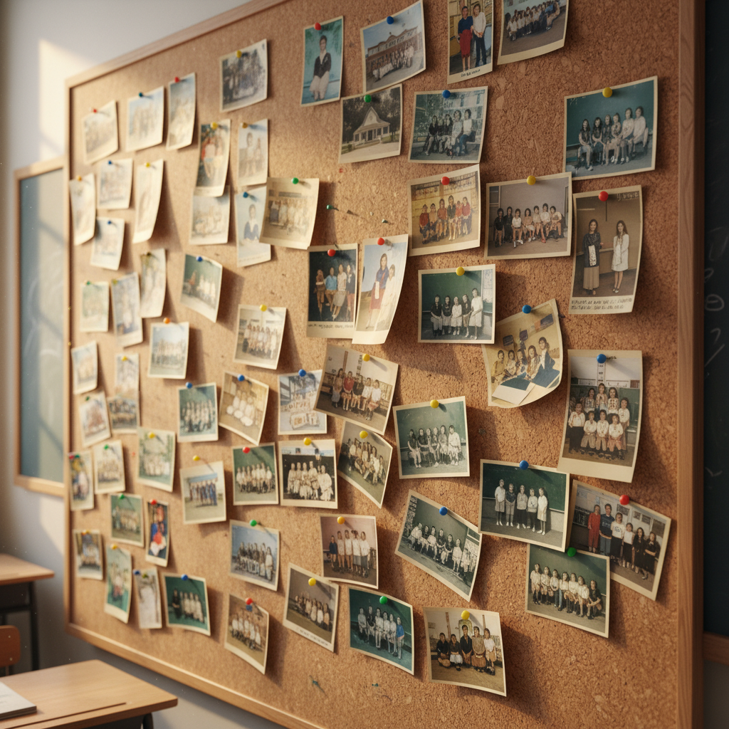Classroom photographs pinned to corkboard spanning decades of memories