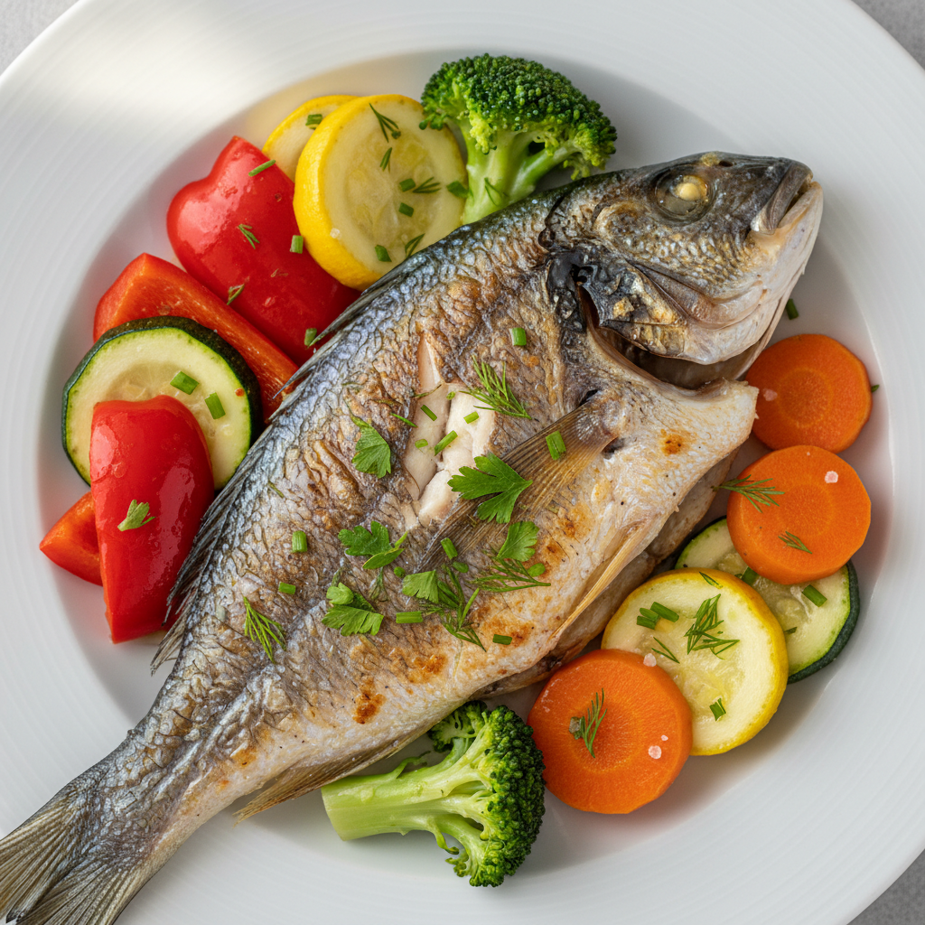 Bright overhead baked tilapia with lemon, herbs, and steamed broccoli on white ceramic plate