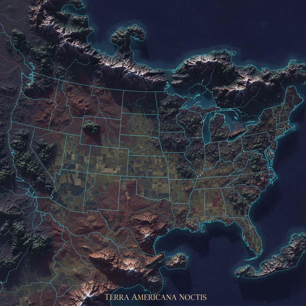 Stylized dark terrain map showing varied US landscapes from above