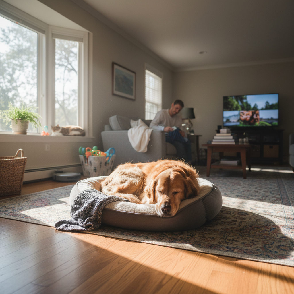 Golden rescue dog napping peacefully in a warm sunbeam on a living room floor