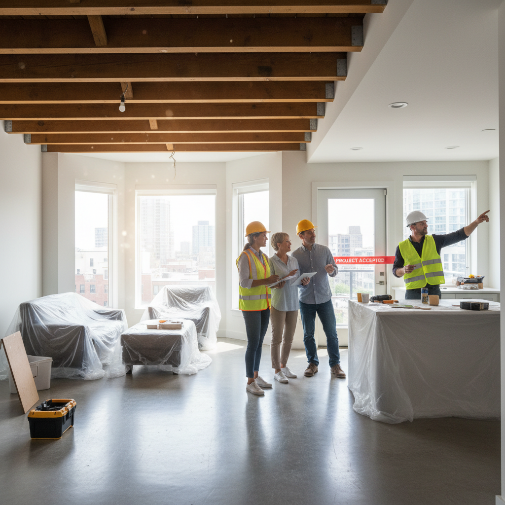 Construction worker reviewing blueprints at renovation project, bright well-lit interior, clean workspace