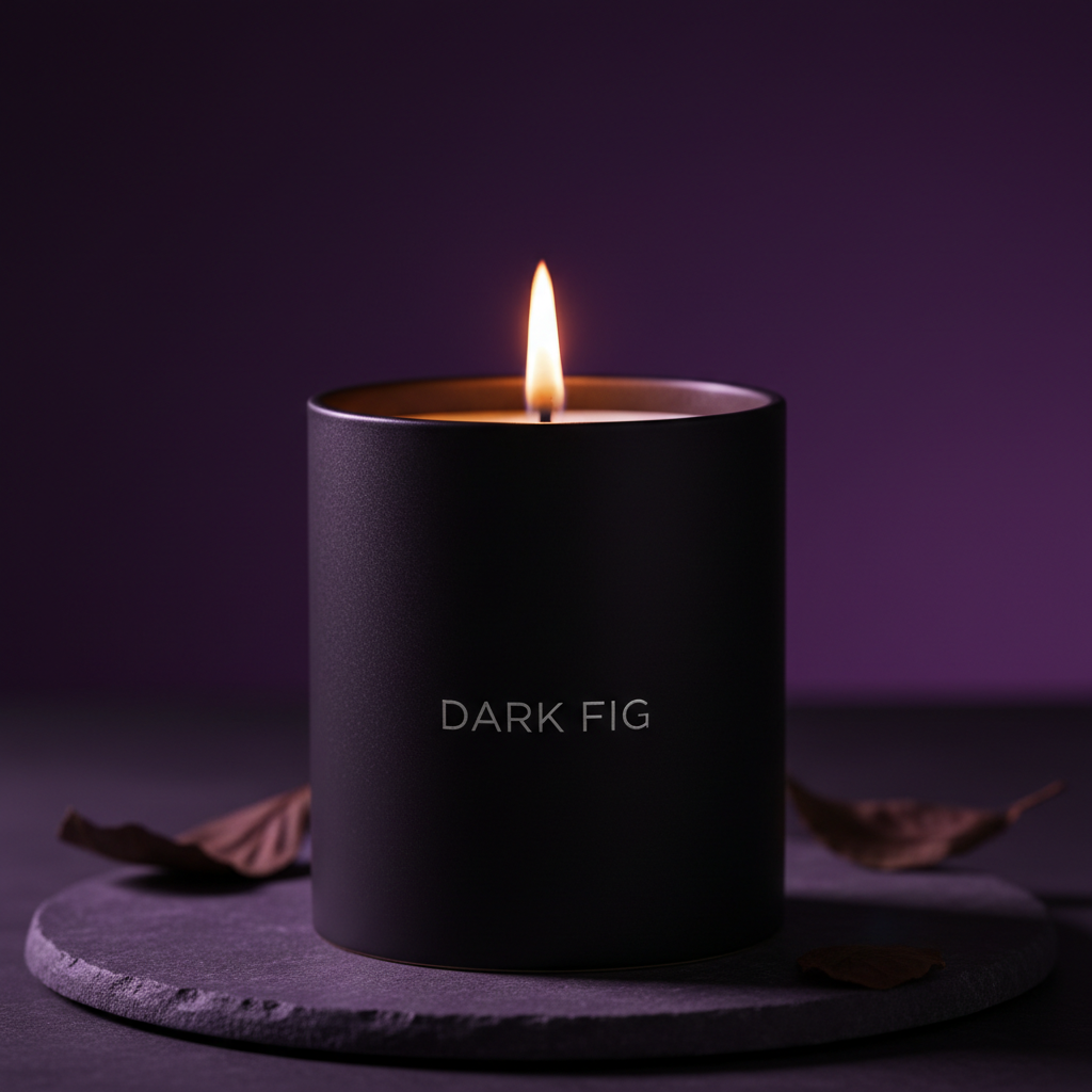 Luxury scented candle in black matte vessel with gold label, warm candlelight glow, dark moody setting