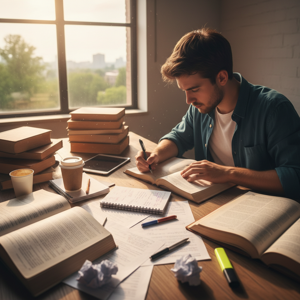 Student studying with books and notes for competitive exam preparation