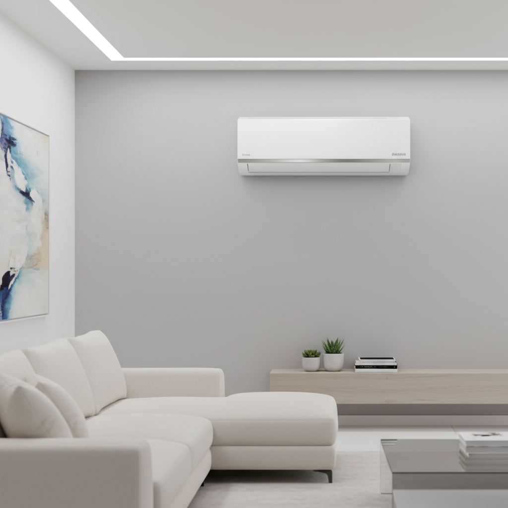 White portable air conditioner in a bright living room on a sunny summer day