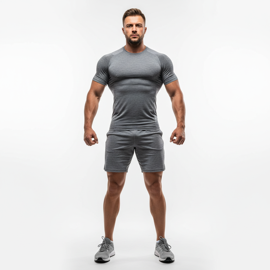 Male with athletic build and neutral expression, dark background, side lighting