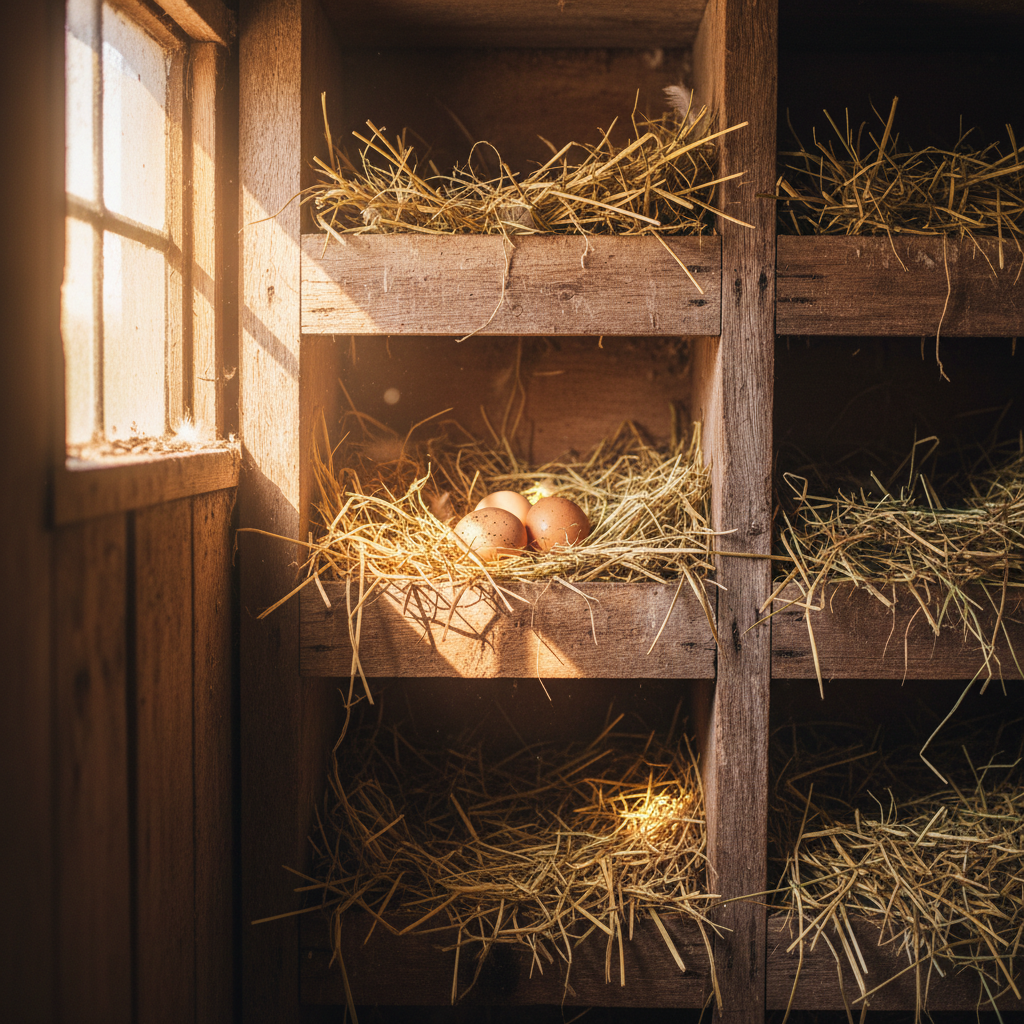 Rustic wooden nesting boxes with fresh straw, three brown eggs visible, warm amber light streaming through a coop window