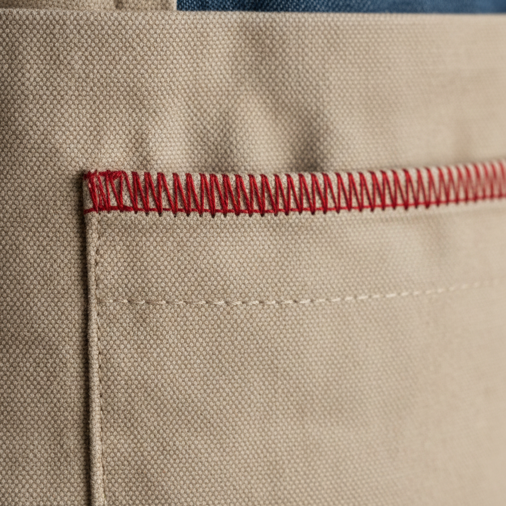 Close-up detail of hand-stitched apron pocket with red topstitch