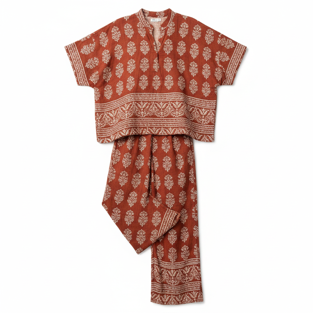 Terracotta handblock print coord set with mirror work detail, JaipurMuse summer collection