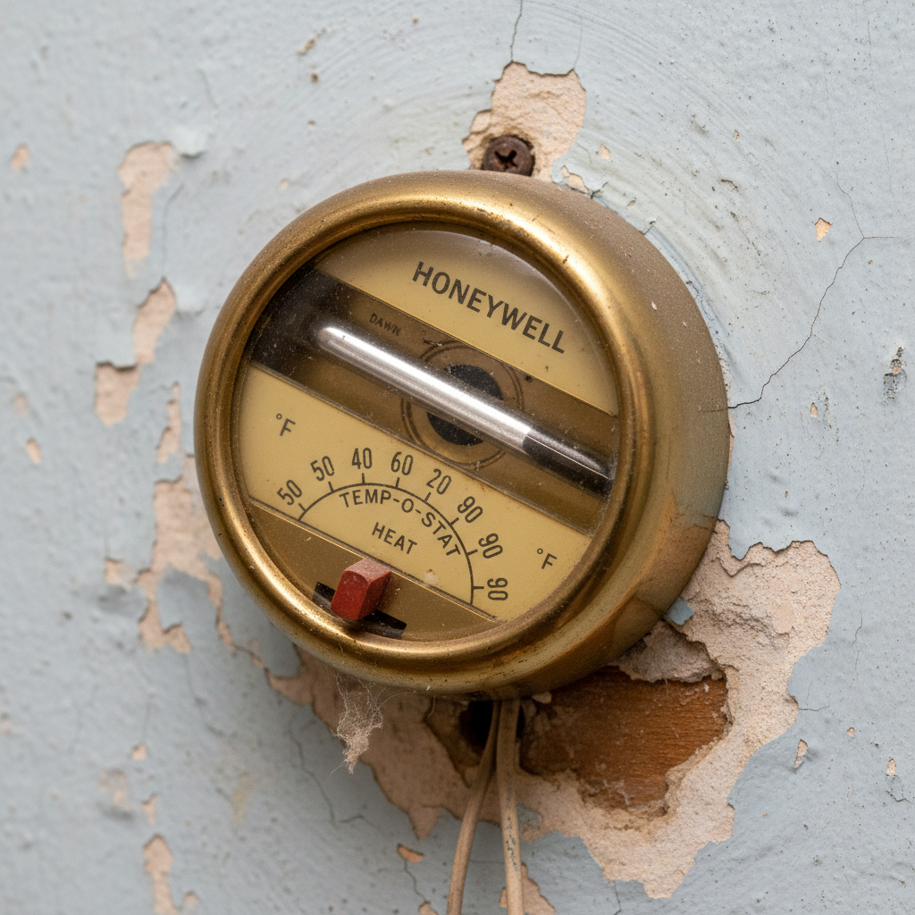 Old mercury thermostat mounted on a plaster wall showing outdated temperature control