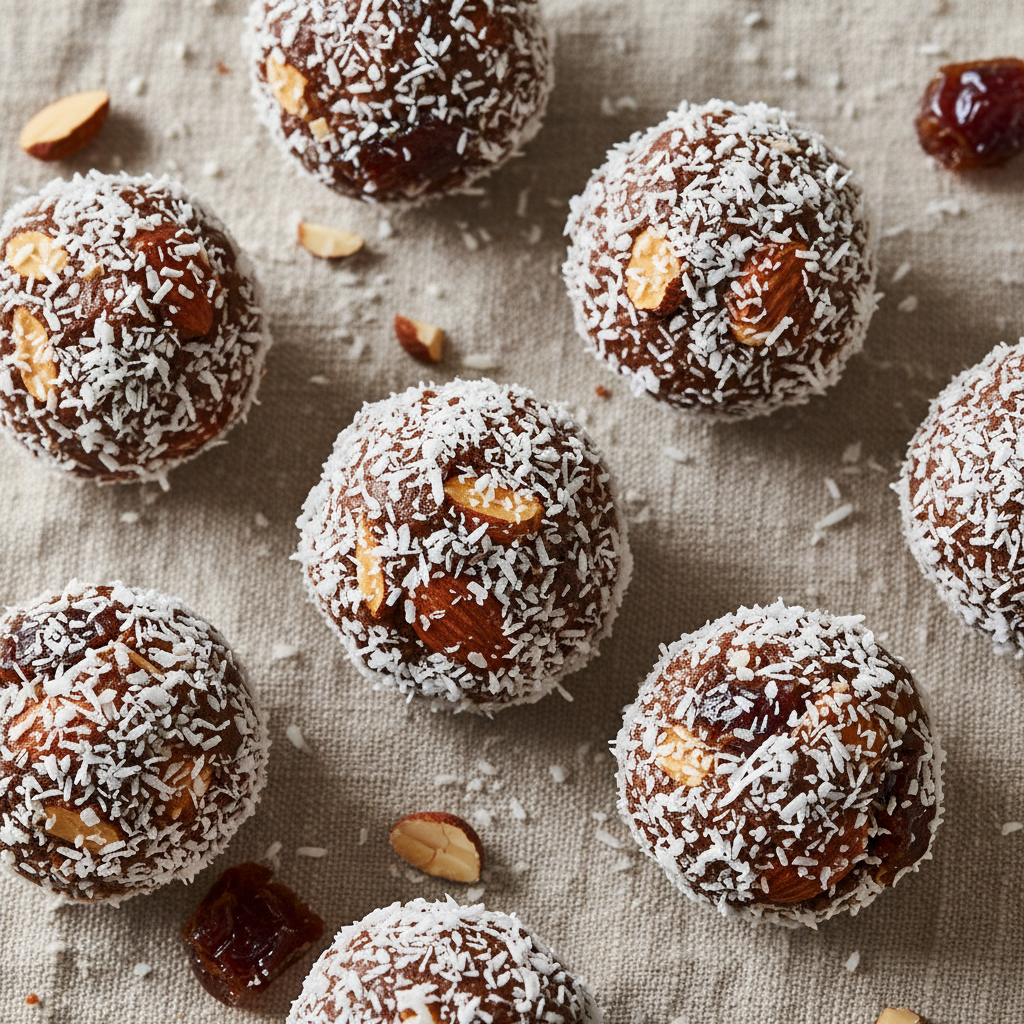 Warm overhead photograph of almond butter energy bites with dates and coconut on linen surface