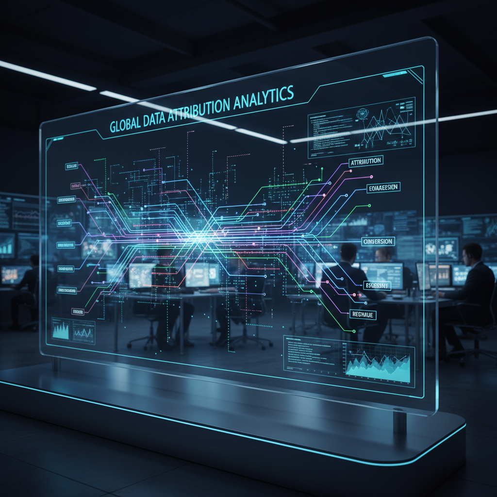 Data flow visualization showing attribution paths on dark analytics screen, professional technical setting