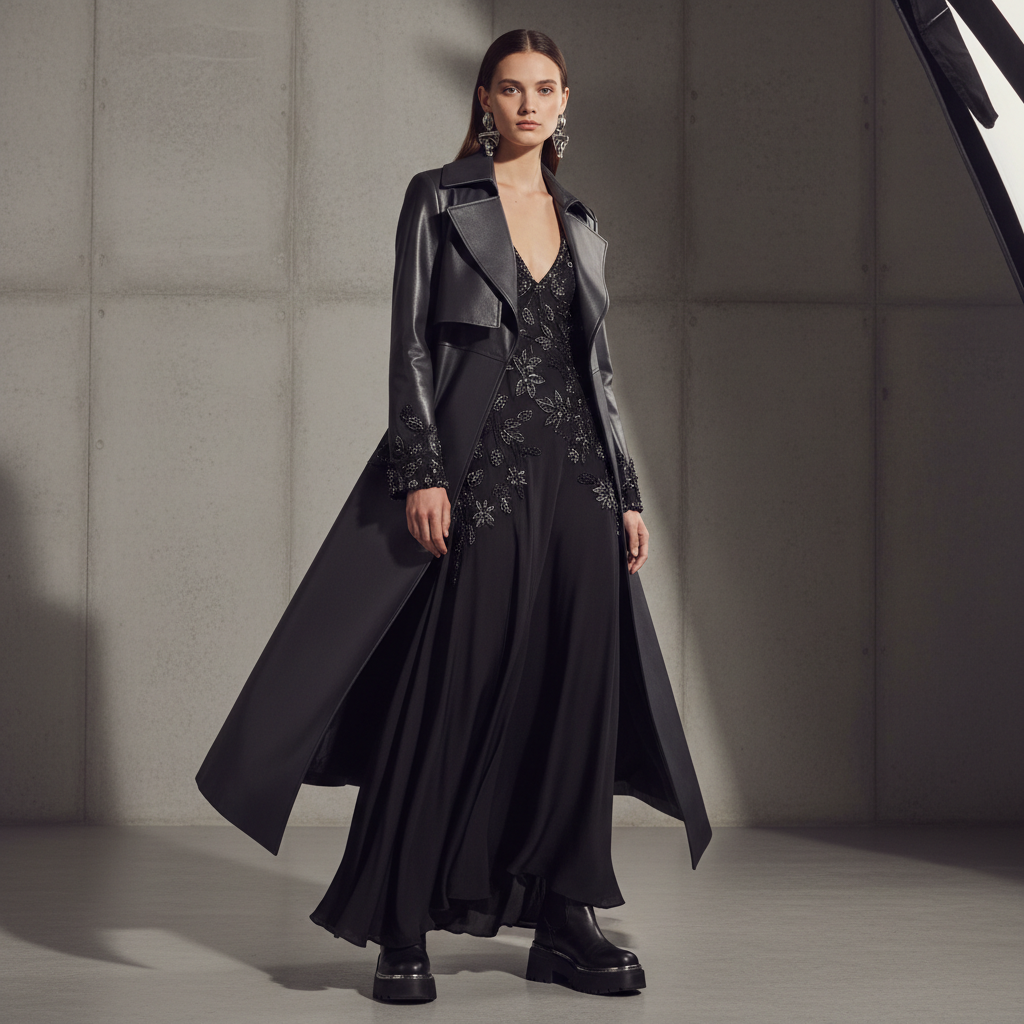 Elegant dark trench coat, dramatic studio lighting