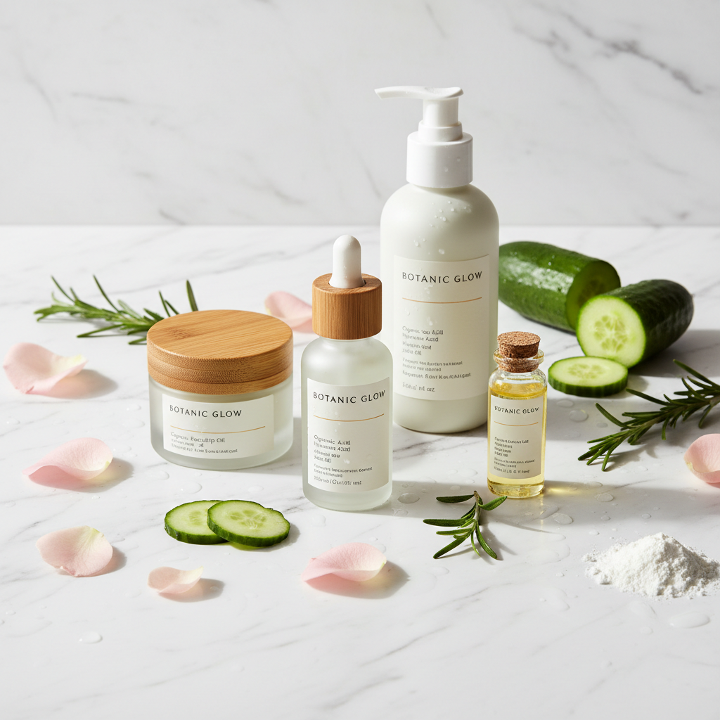 Natural skincare products with botanicals on marble surface, soft pink and cream tones