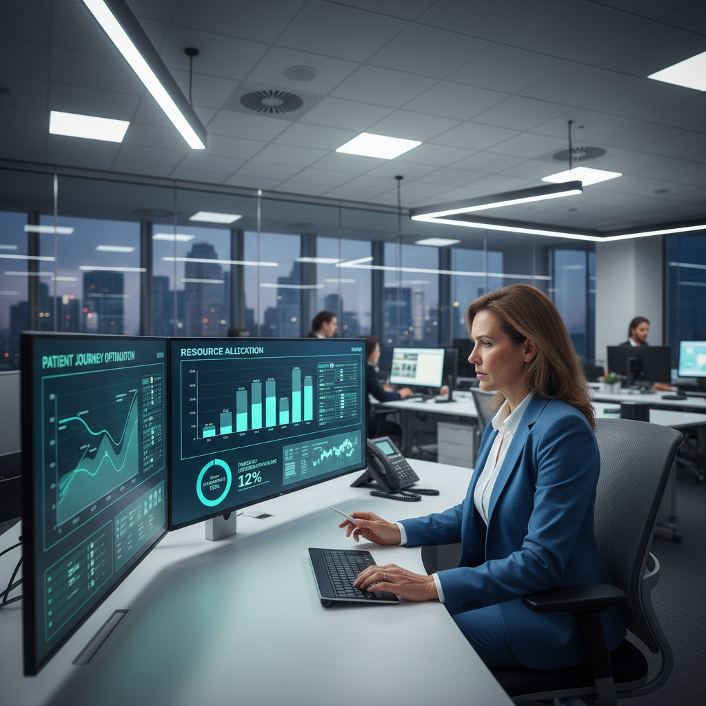 Hospital administrator reviewing operations dashboard on bright screen in modern hospital office