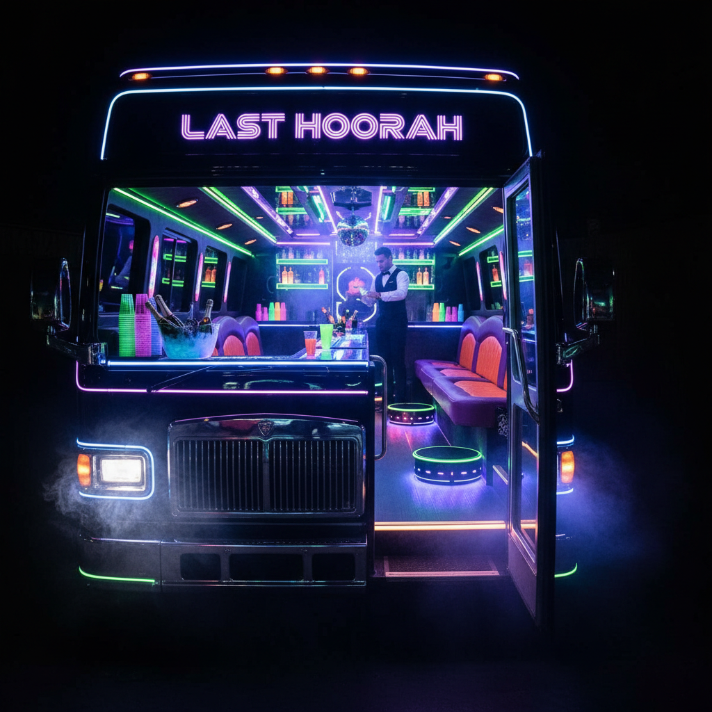 Bachelor bachelorette party package — stretch limo or party bus with neon lighting and full bar