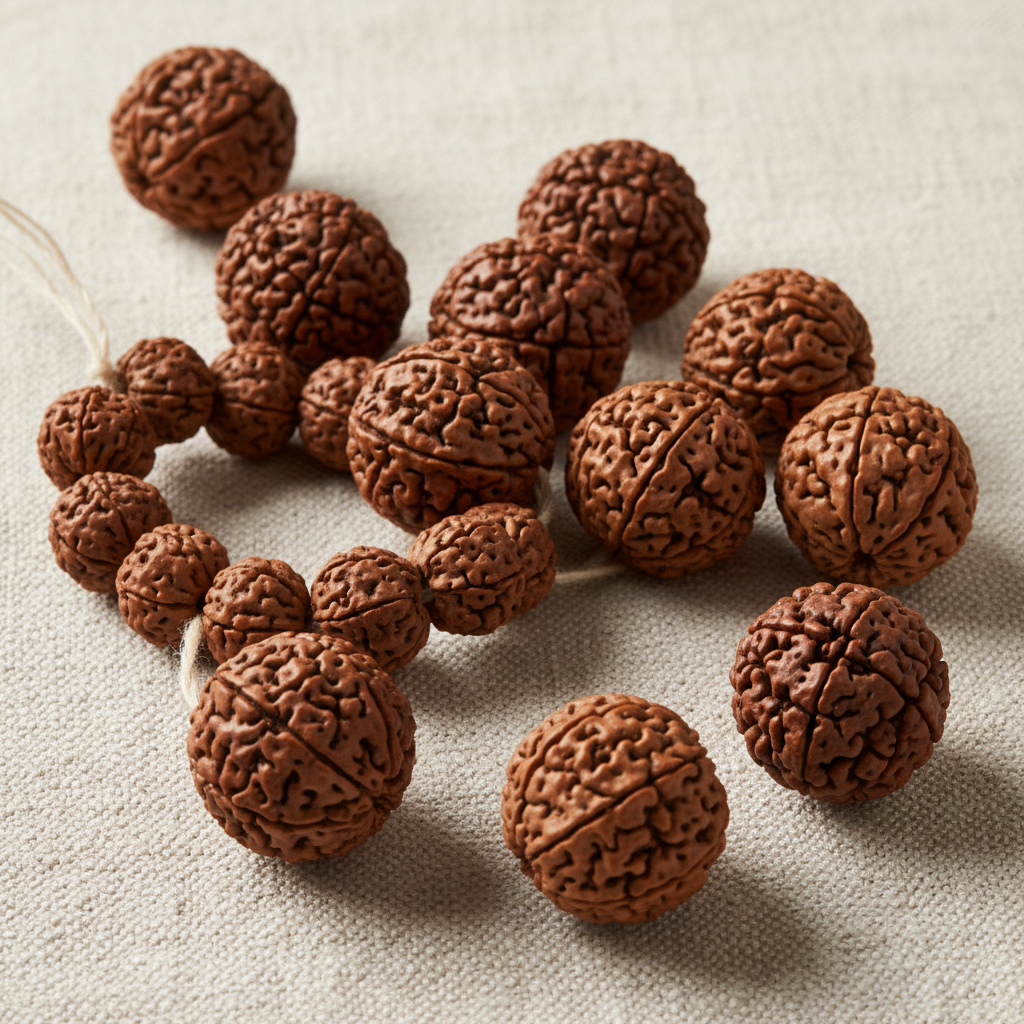 Brown rudraksha prayer bead mala garland on saffron cloth with temple flowers