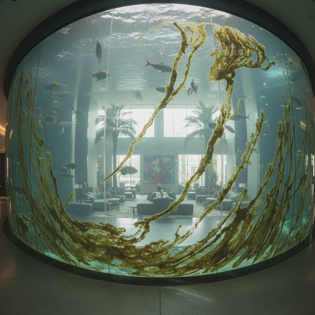 Hotel lobby aquarium with algae streaks and cloudy glass