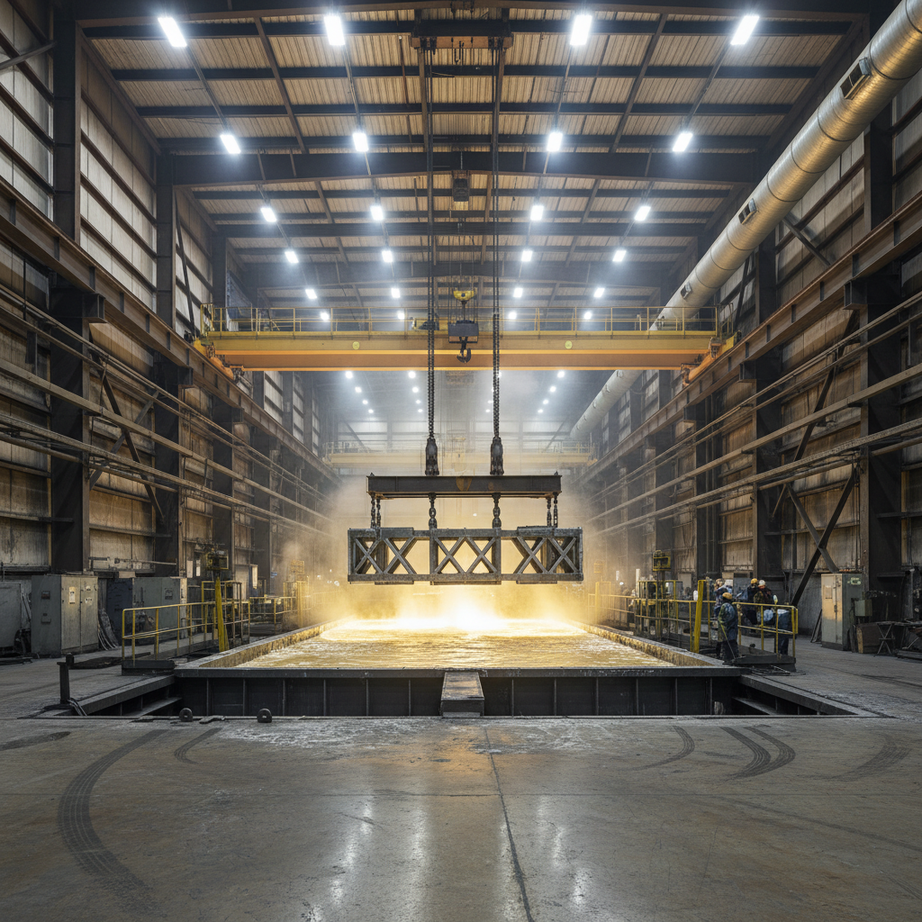 Industrial galvanizing facility with zinc bath and steel components being treated