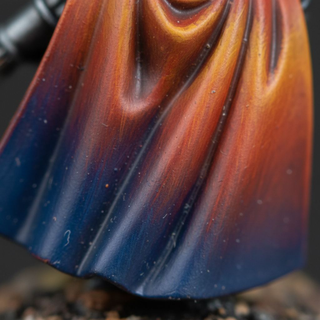 Extreme macro of a painted miniature cloak showing wet-blend gradient from deep shadow to warm midtone, individual bristle marks visible
