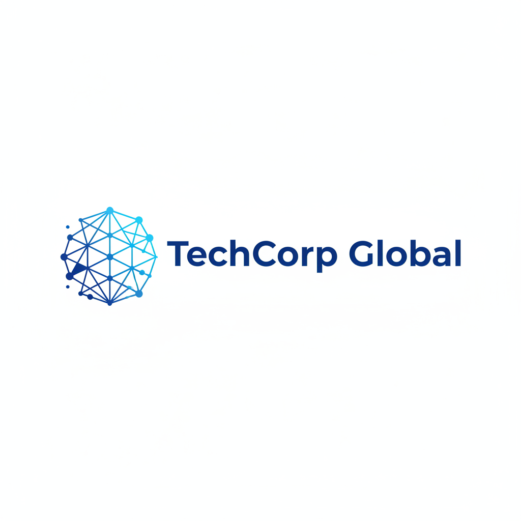 TechCorp Global company logo with blue geometric design on white background