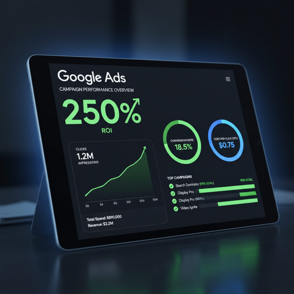 Digital advertising dashboard showing campaign performance with colorful charts on a modern monitor