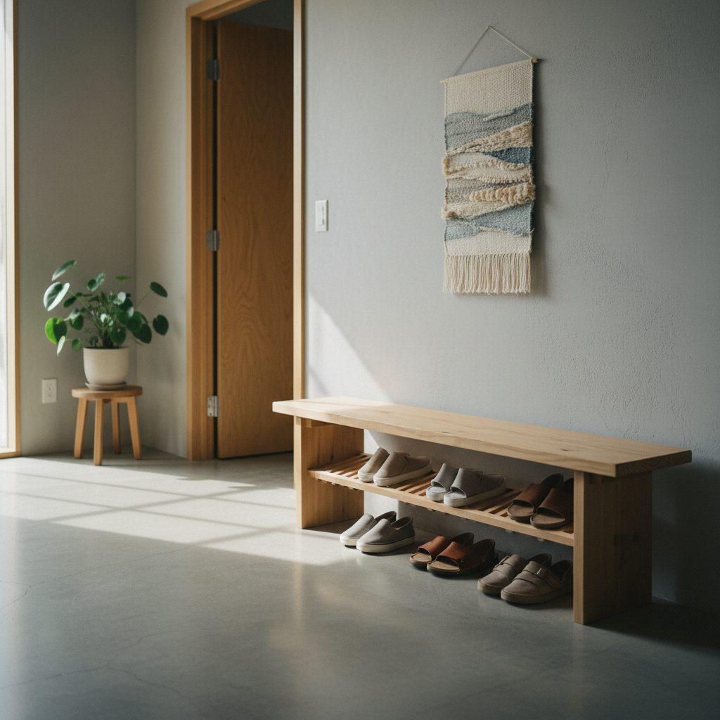 Bright airy studio with soft window light, warm neutral tones, clean and calm interior, natural wood accents