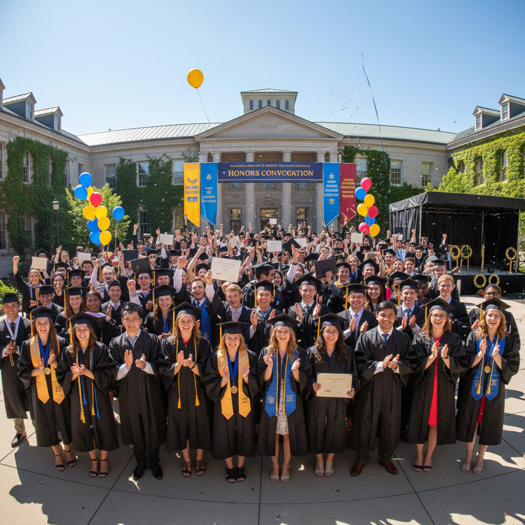 Happy college students in graduation caps and gowns celebrating outdoors on a sunny day, diverse group hugging and smiling