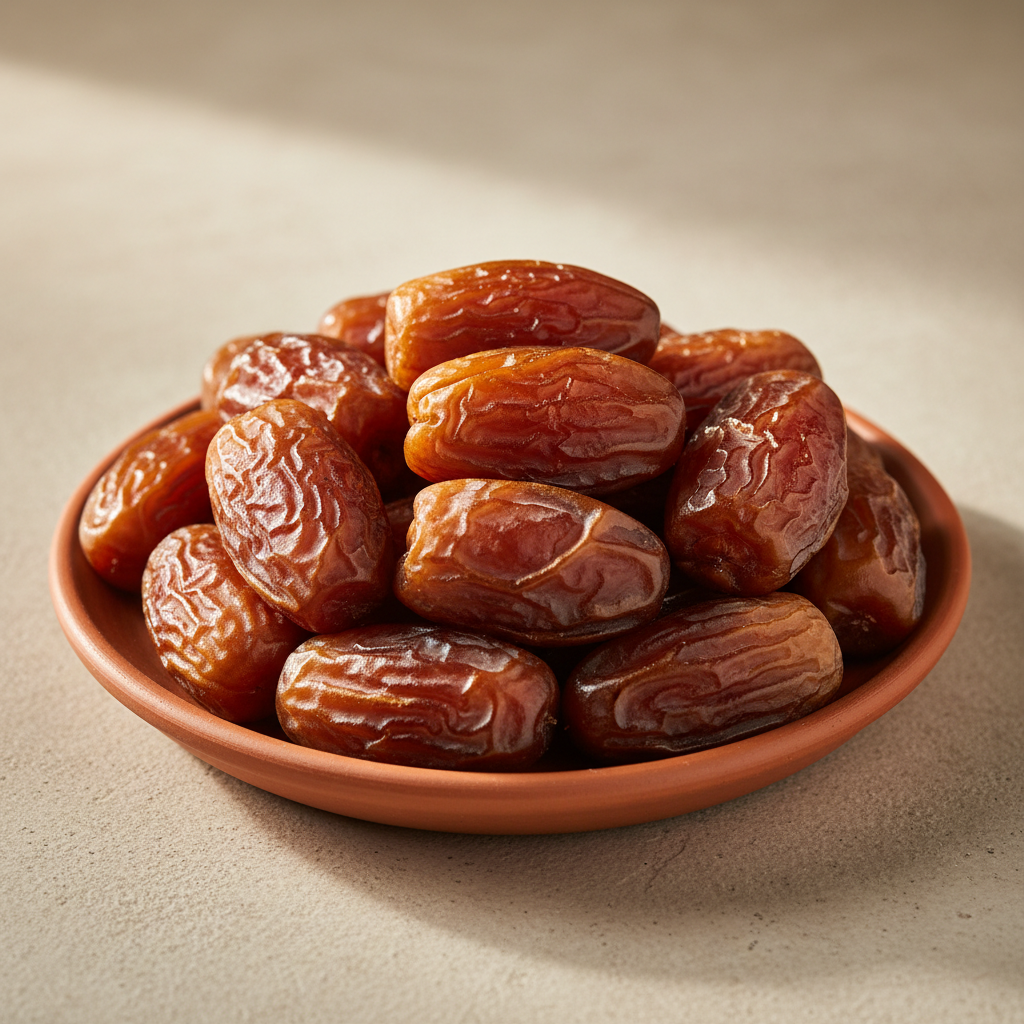 Medjool dates on terracotta ceramic plate in natural light