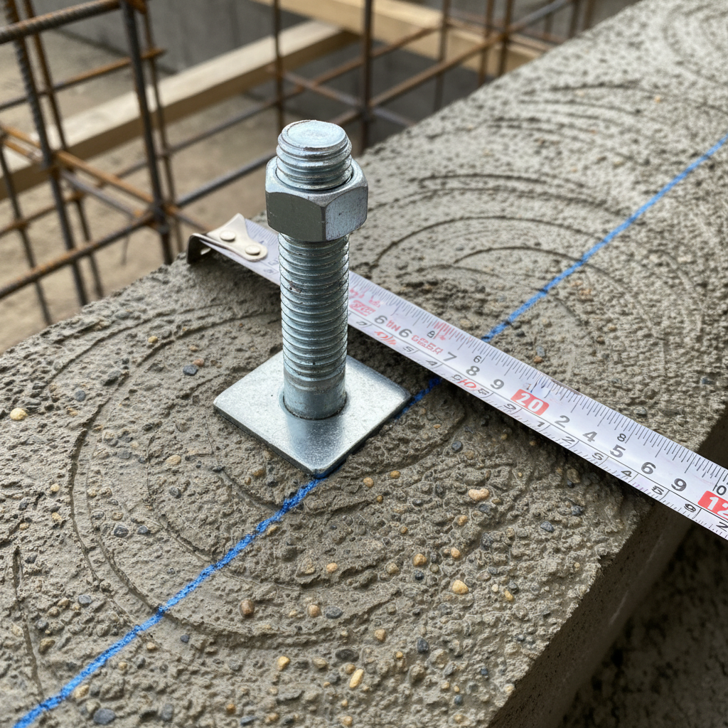 Close-up of post anchor set in fresh concrete with measuring tape alongside for permit documentation