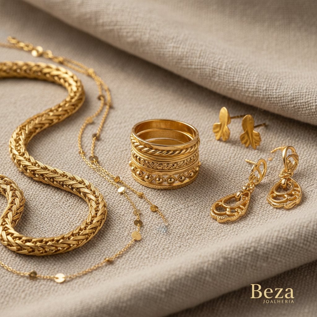 Assorted gold anti-tarnish jewellery pieces arranged on warm cream fabric — necklaces, rings, and earrings in soft natural lighting