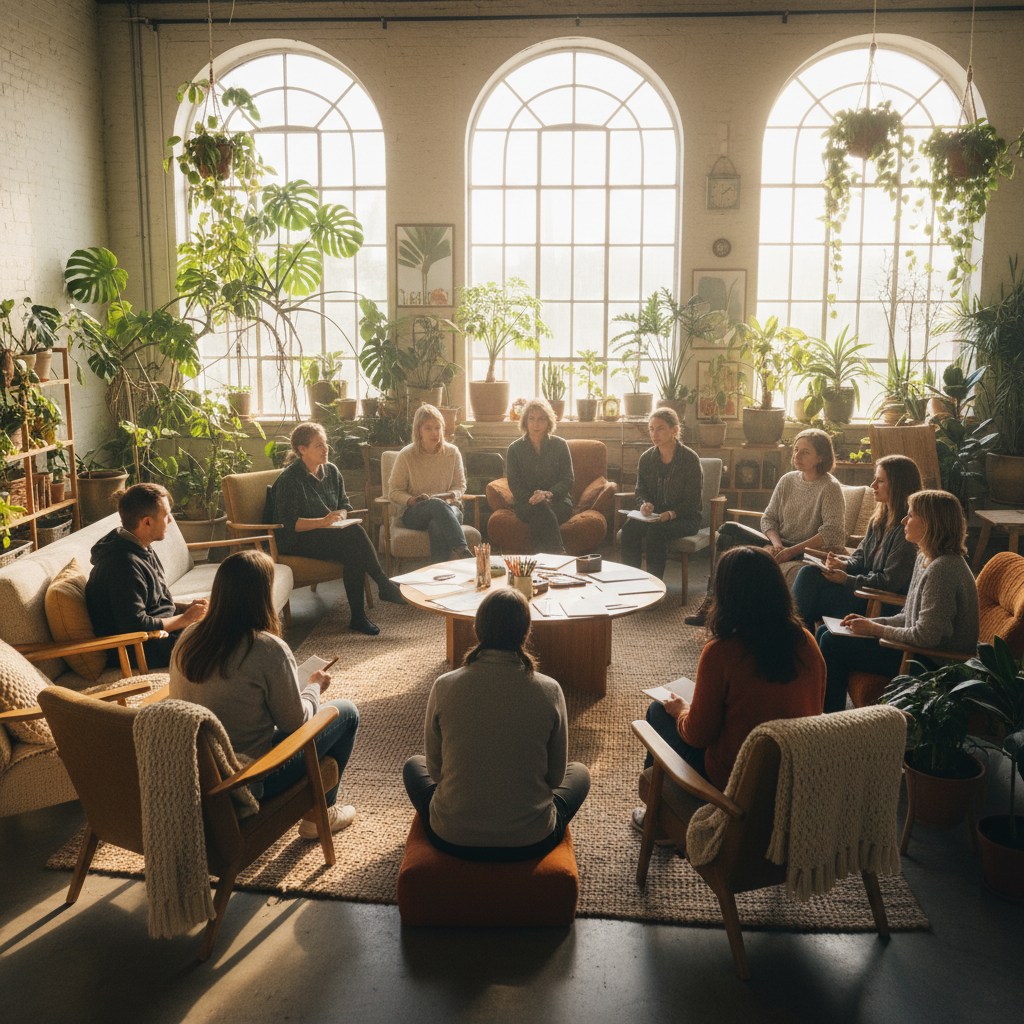Workshop participants sitting in a circle in a warm, plant-filled room