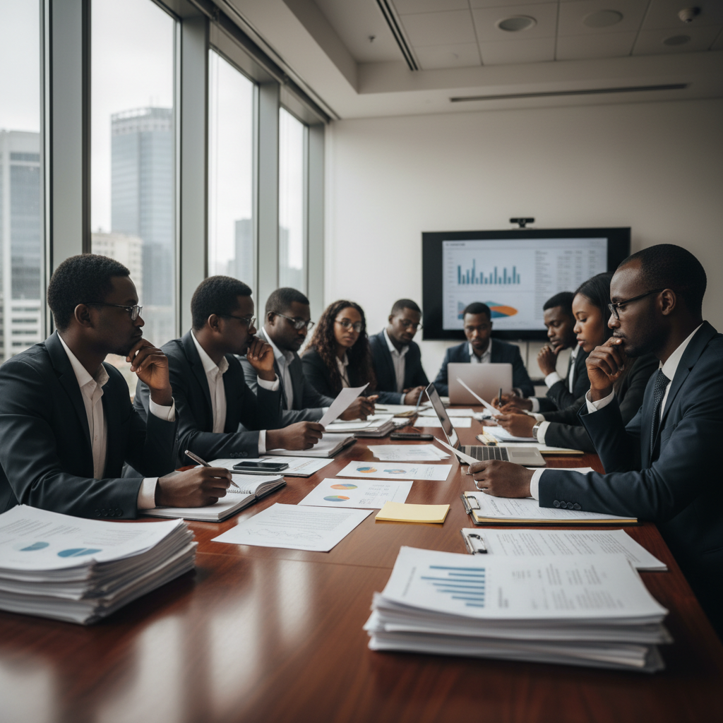 Équipe de consultants africains discutant de stratégie d'entreprise autour d'une table de conférence