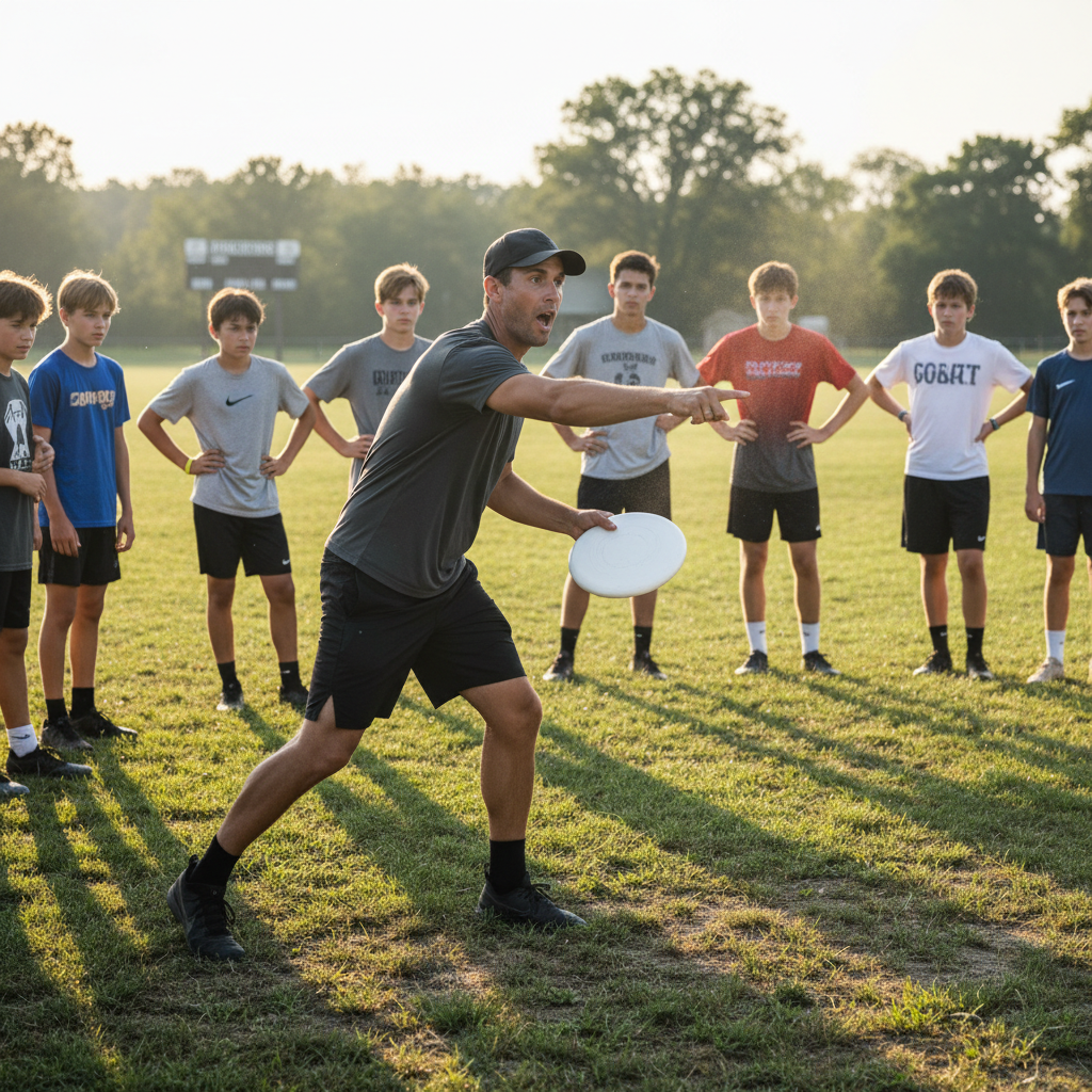 Coach demonstrating disc release angle to a group of athletes on a field