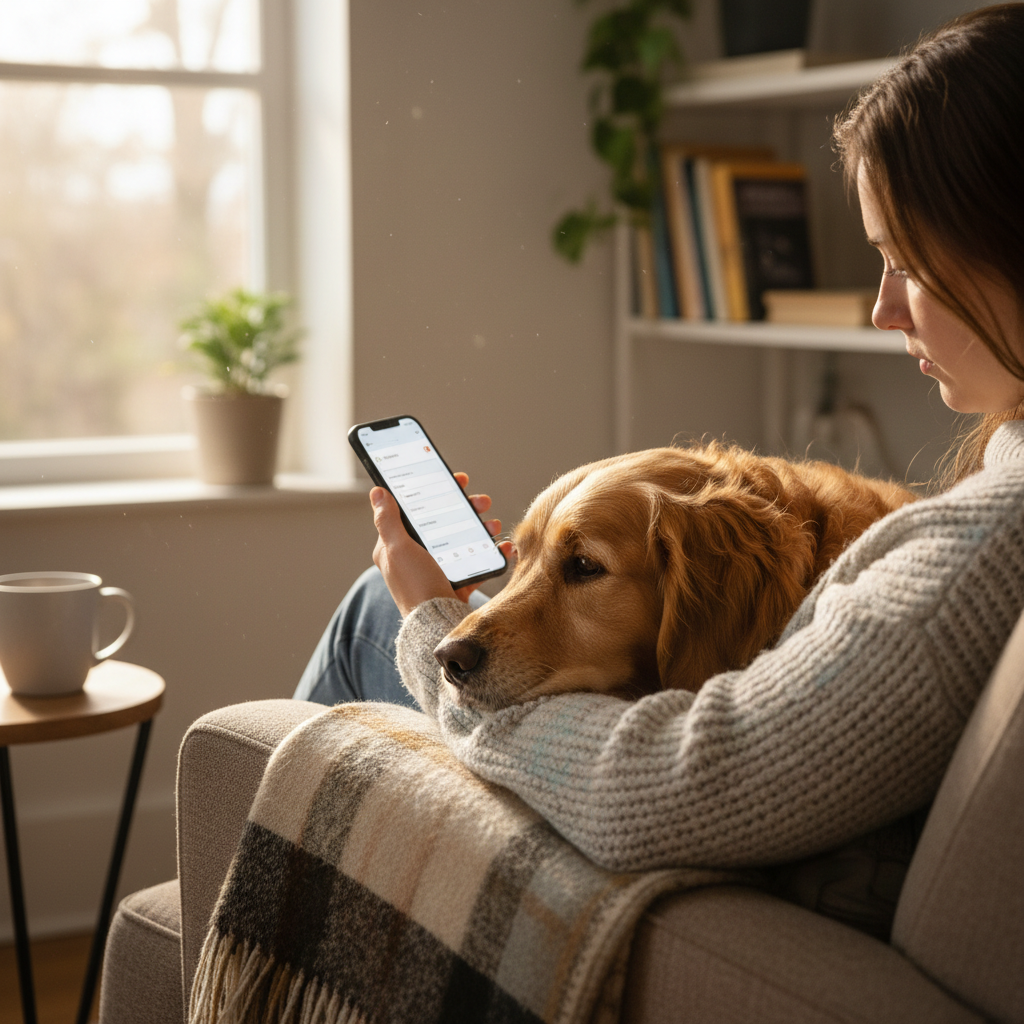 Person filling out a form on their phone with a dog on their lap