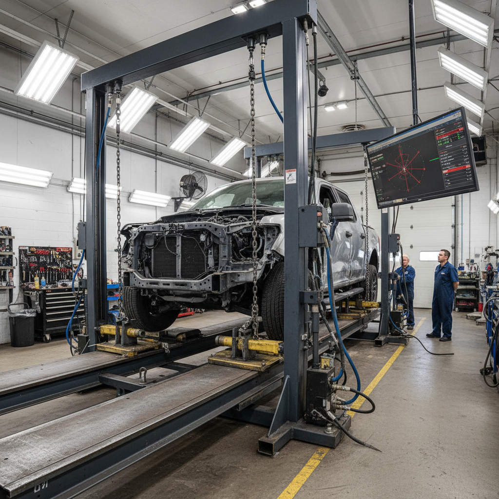 Frame rack equipment in collision repair shop for structural vehicle repair